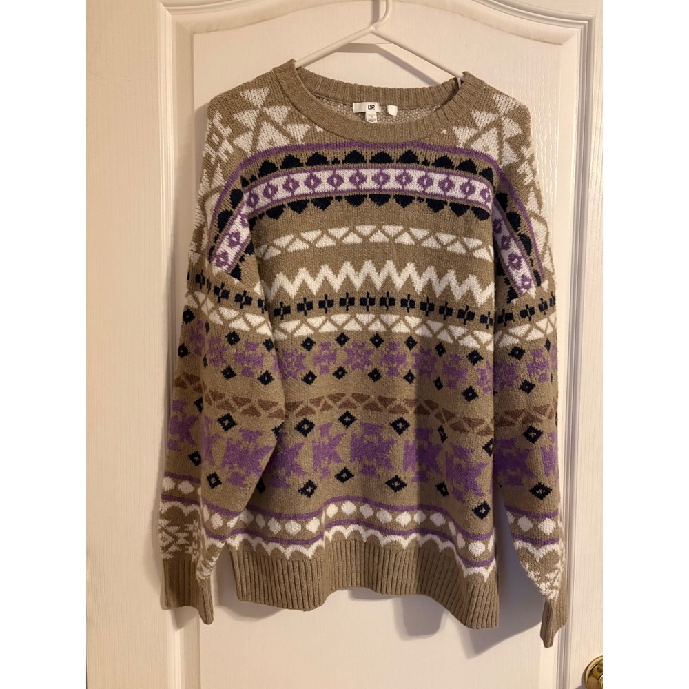 BP Fair Isle Sweater Women Small Tan Purple Excellent Knit Geometric XX7502